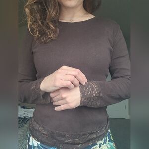 Harold's Brown Lace Trim Long Sleeve Top